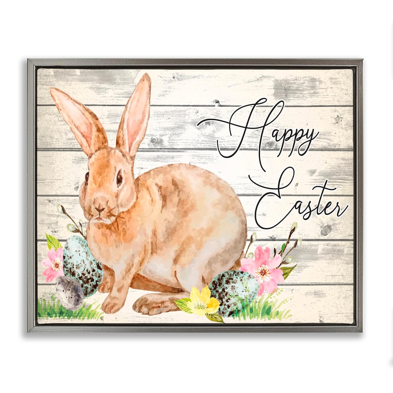 Stupell Industries Spring Floral Happy Easter Bunny Floater Framed Art